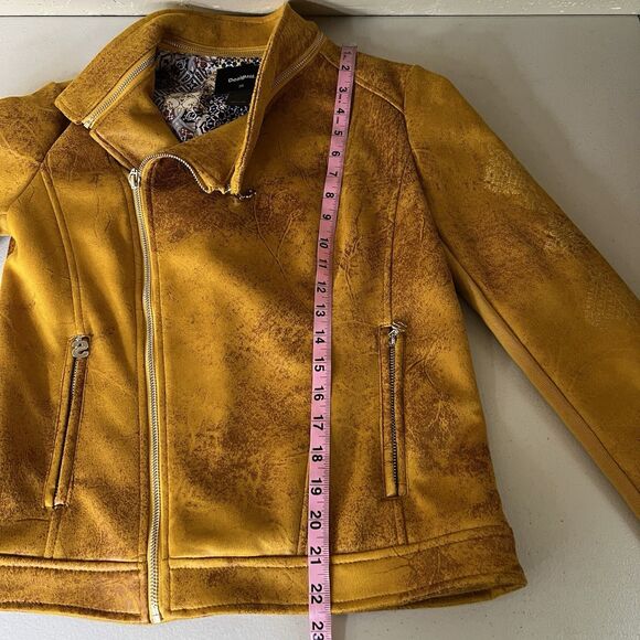 Desigual Moto Jacket Womens 38 M Mustard Yellow Faux Suede Embroidered Mandala - Picture 6 of 13